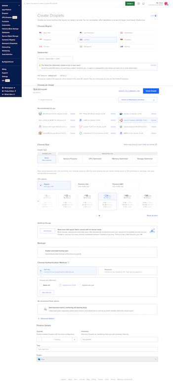 Screenshot of Digital Ocean Droplet creation options